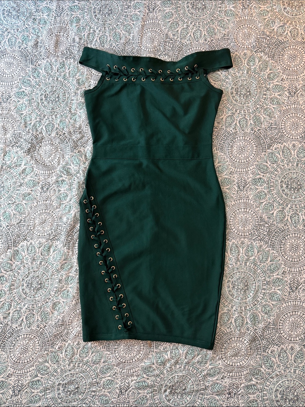 Fashion Nova One-Shoulder Lace-Up Bodycon Dress in Dark Green